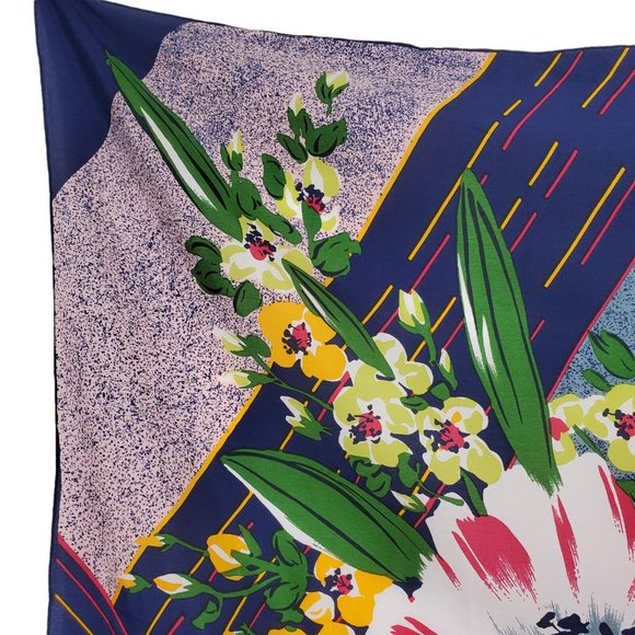 Silk Scarf Shawl Bold Floral Geometric Navy Blue Multicolor  Hand Rolled 35" - Picture 6 of 9
